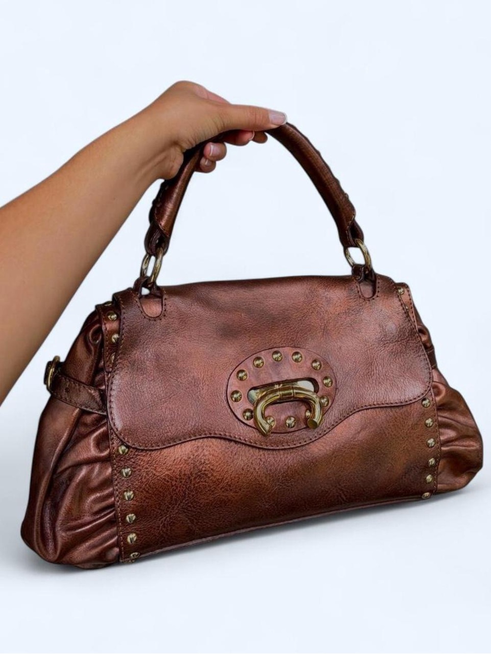 Francesco Biasia Metallic Brown Stud-Accent Shoulder Bag